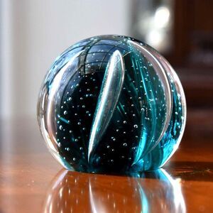 Caithness Steelblue Art Glass Paperweight Scotland Controlled Bubble 3"